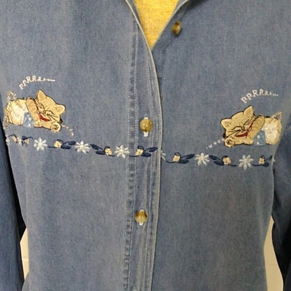 QUIXX AGAIN LONG SLEEVE COTTON DENIM JEAN SHIRT CAT NAP EMBROIDERY & BEADS - Picture 3 of 8